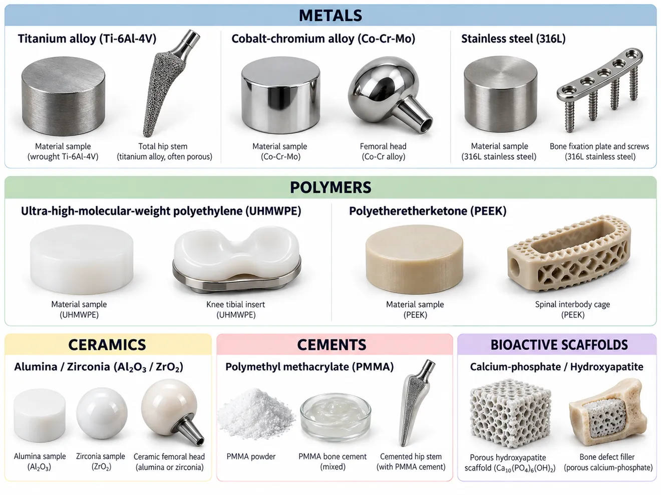 Examples of metals, polymers, ceramics, cements and scaffolds for medical devices