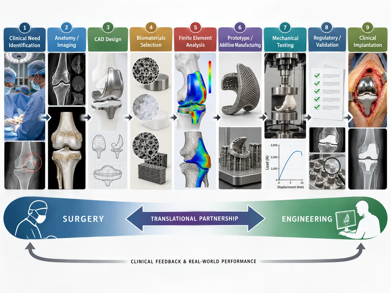 Illustrated orthopedic device engineering workflow from clinical needs to development and testing