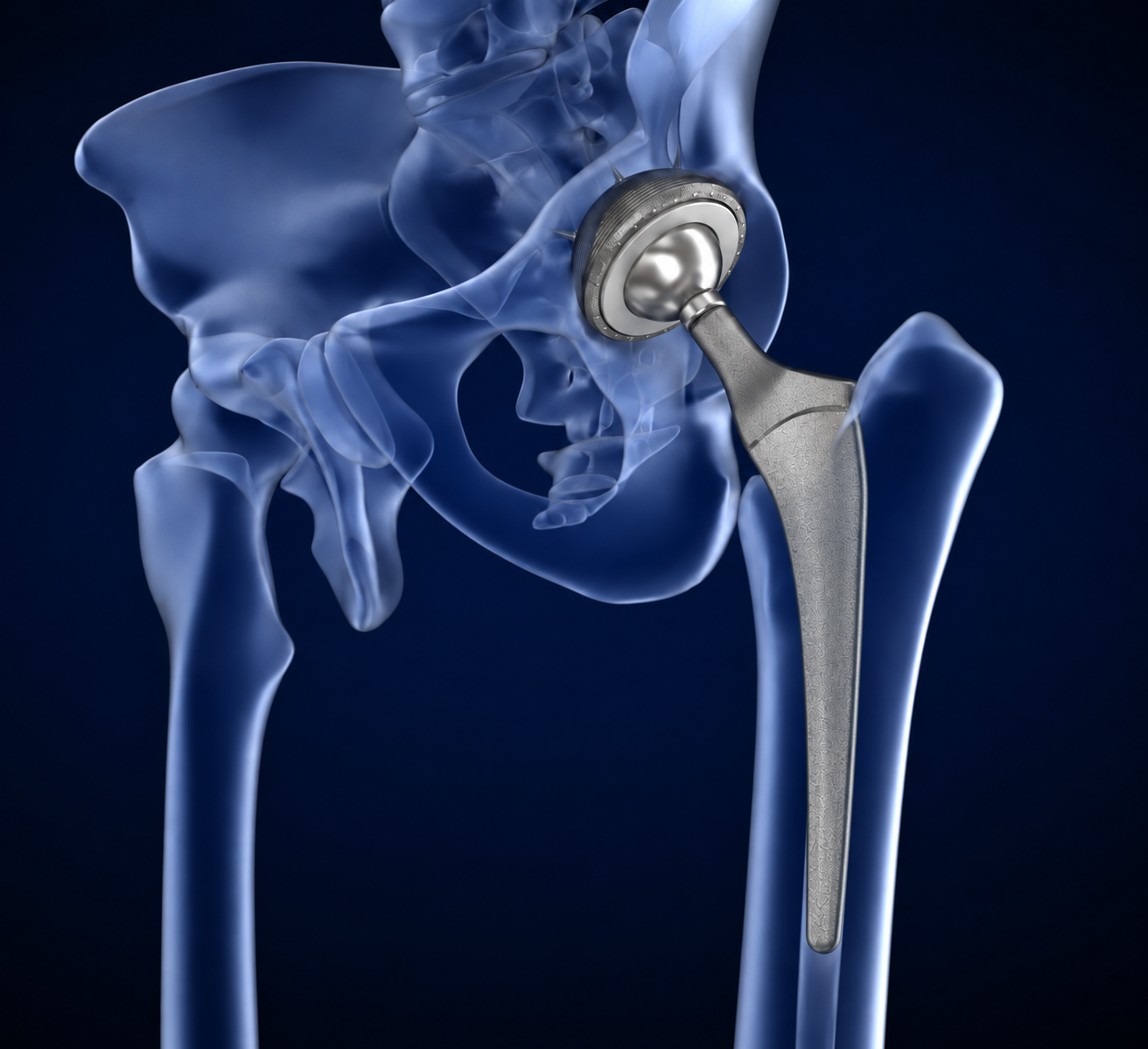 Orthopedic total hip replacement illustration with a metallic femoral stem and acetabular cup within translucent blue anatomy