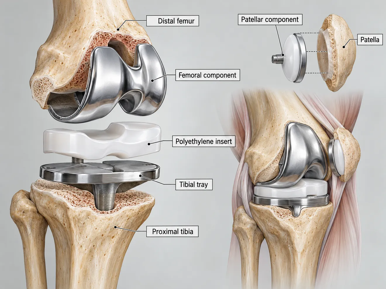 Illustrative total knee replacement components and anatomical relationships