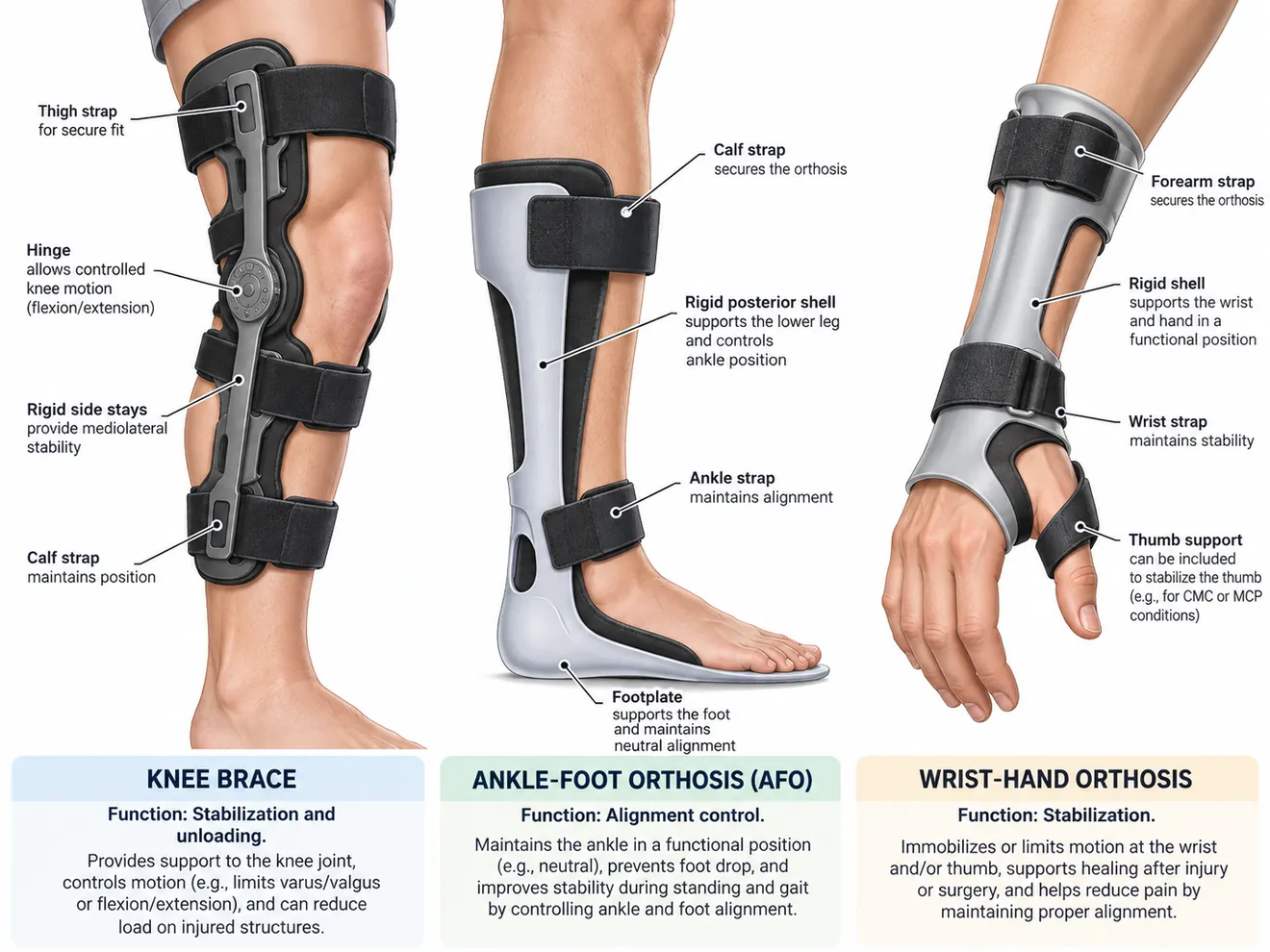 Illustrative knee brace, ankle foot orthosis and wrist hand orthosis