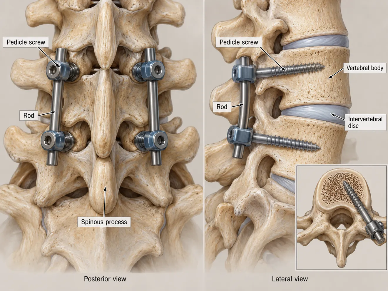 Conceptual lumbar spinal pedicle screw fixation illustration